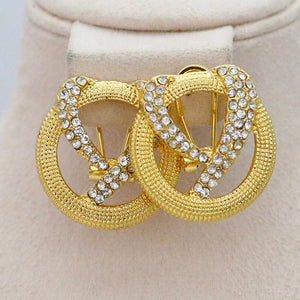 Gold Round Cutout Open Heart Crystal Earrings & Pendant Twist Chain Set