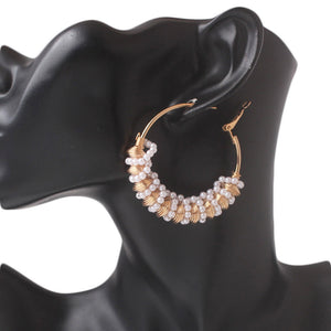 Ladies Gold Round Chunky Pearl Twist Inlay Shape Lever Back Earrings