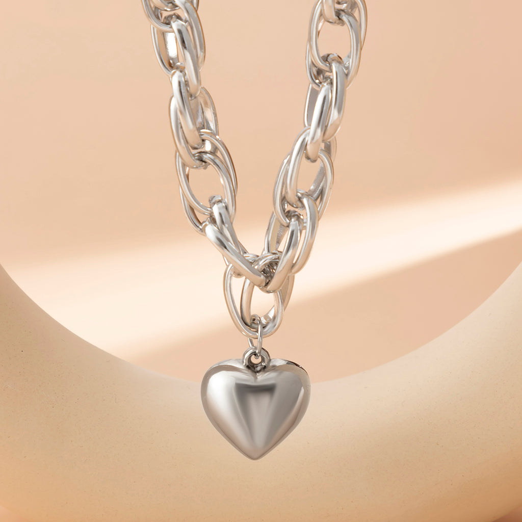 Ladies Gold / Silver Heart Pendant Chunky Circle InterLink Chain Choker Party Necklace