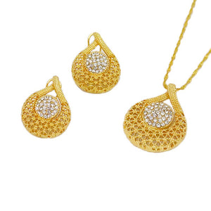 Ladies Gold Round Overlap Cross Cutout Crystal Pendant & Earring Necklace Set