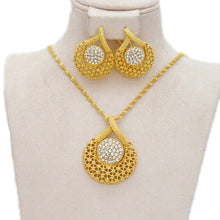 Load image into Gallery viewer, Ladies Gold Round Overlap Cross Cutout Crystal Pendant &amp; Earring Necklace Set
