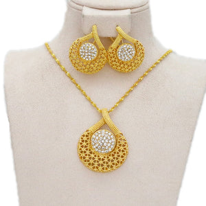 Ladies Gold Round Overlap Cross Cutout Crystal Pendant & Earring Necklace Set