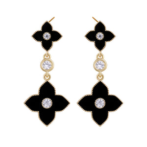 Ladies Black Gold Stainless Steel Four Leaf Clover Tassel Drop Stud Earrings