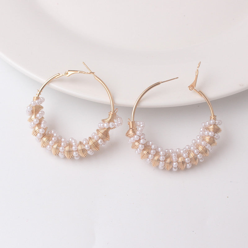 Ladies Gold Round Chunky Pearl Twist Inlay Shape Lever Back Earrings
