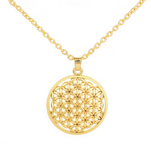 Ladies Gold Round Cutout Flower of Life Mandala Stainless Steel Pendant Necklace