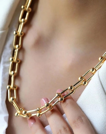 Ladies Gold Thick Inter Link U Joint Chain Choker Necklace
