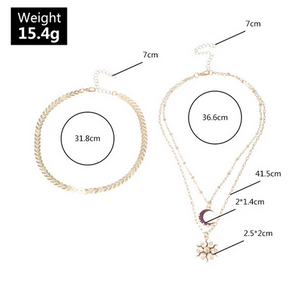 Ladies Triple Layer Gold Zircon Half Crystal Moon Sun Pendants Necklace Set