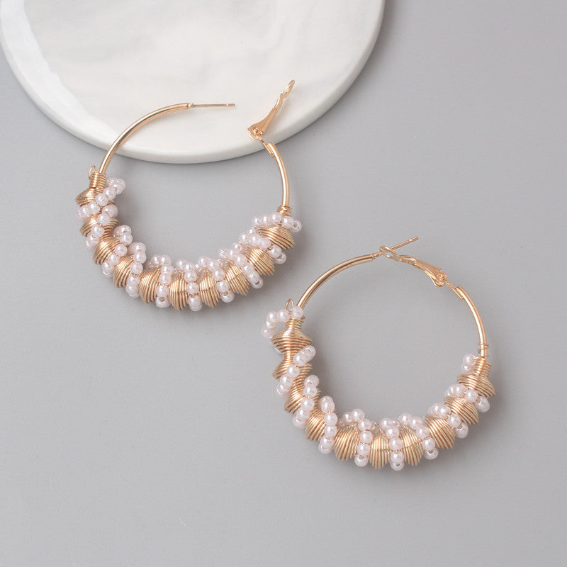 Ladies Gold Round Chunky Pearl Twist Inlay Shape Lever Back Earrings