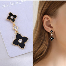 Load image into Gallery viewer, Ladies Black Gold Stainless Steel Four Leaf Clover Tassel Drop Stud Earrings
