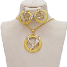 Load image into Gallery viewer, Gold Round Cutout Open Heart Crystal Earrings &amp; Pendant Twist Chain Set
