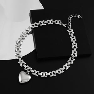 Ladies Silver Stainless Steel Geometric Thick Chain Heart Pendant Necklace