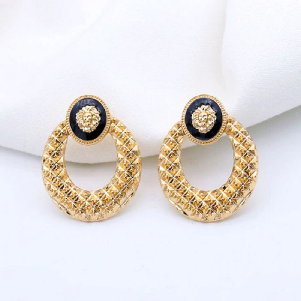 Round Big 18K Gold Plated Tiger Head Myth Medusa Ring Loop Stud Earrings