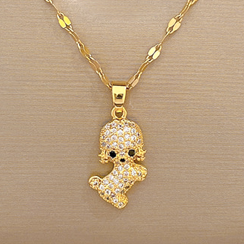 Unisex Gold Stainless Steel Cute Teddy Dog Crystal Pendant Link Chain Necklace