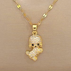 Unisex Gold Stainless Steel Cute Teddy Dog Crystal Pendant Link Chain Necklace