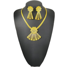 Load image into Gallery viewer, Gold Fan-Shaped Cut Out Big Pendant Earrings Chain Necklace Party Set
