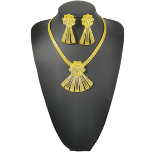 Gold Fan-Shaped Cut Out Big Pendant Earrings Chain Necklace Party Set