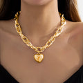 Ladies Gold / Silver Heart Pendant Chunky Circle InterLink Chain Choker Party Necklace