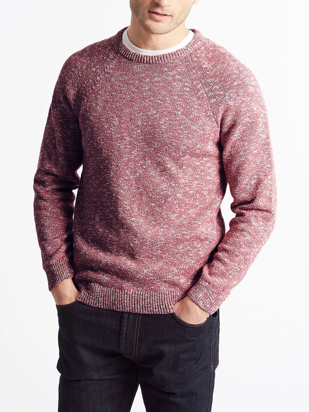 Mens Rose Marl Pure Cotton Textured Ribbed Crew Neck Long Sleeve Jumpers