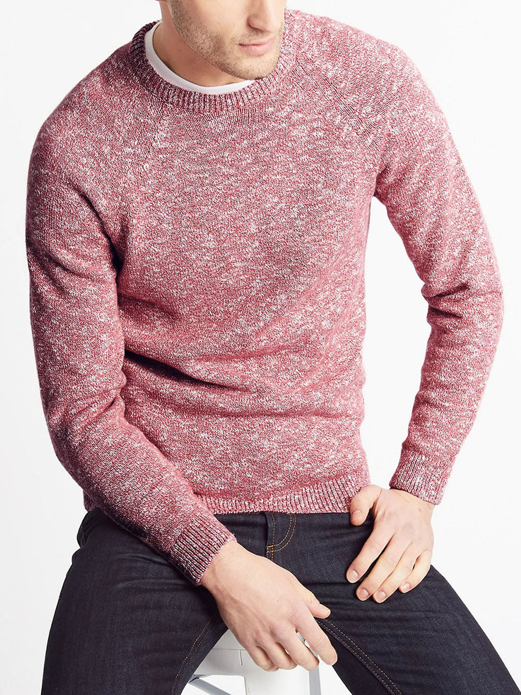 Mens Rose Marl Pure Cotton Textured Ribbed Crew Neck Long Sleeve Jumpers