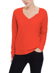 Ladies Orange Ribbed V-Neck Soft Knitted Button Cuff Jumpers