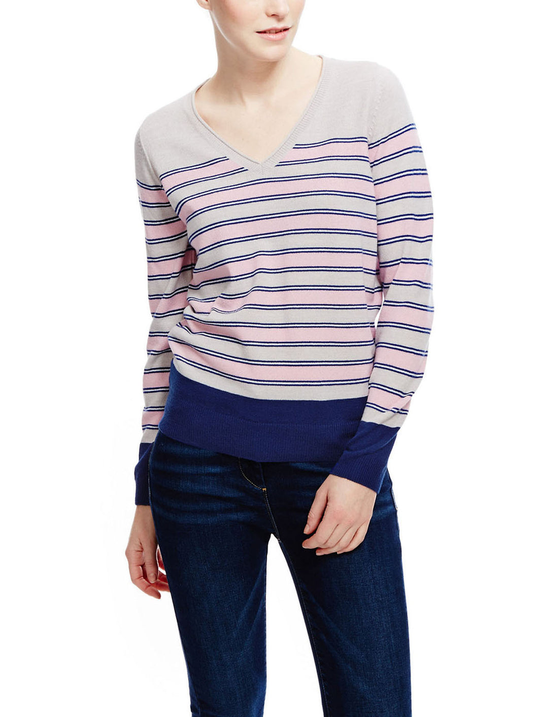 Pink Striped Color Block V-Neck Regular Fit Light Knit Jumpers