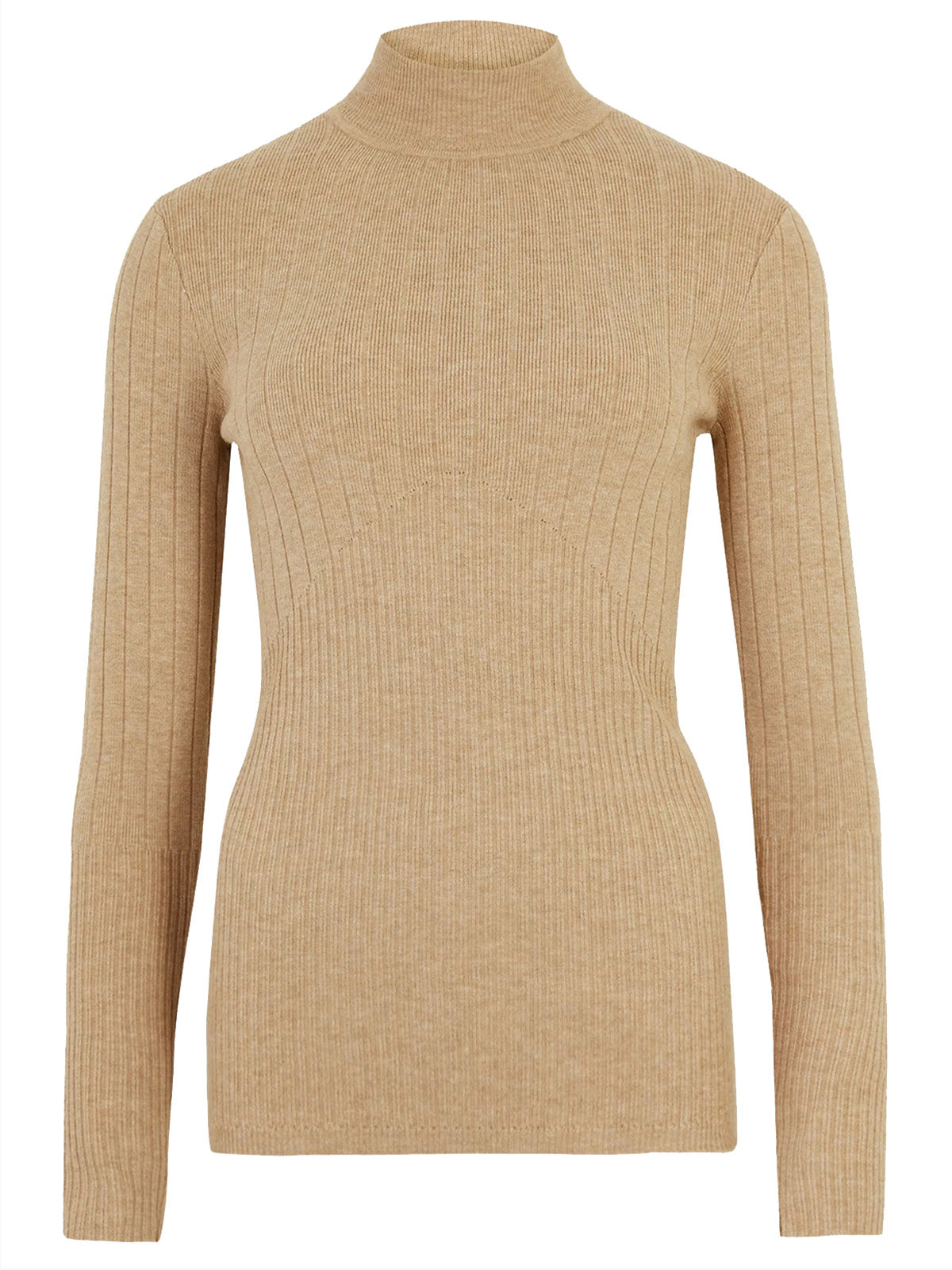 Ladies Carmel High Neck Wide Ribbed Knitted Buttoned Sleeve Jumper