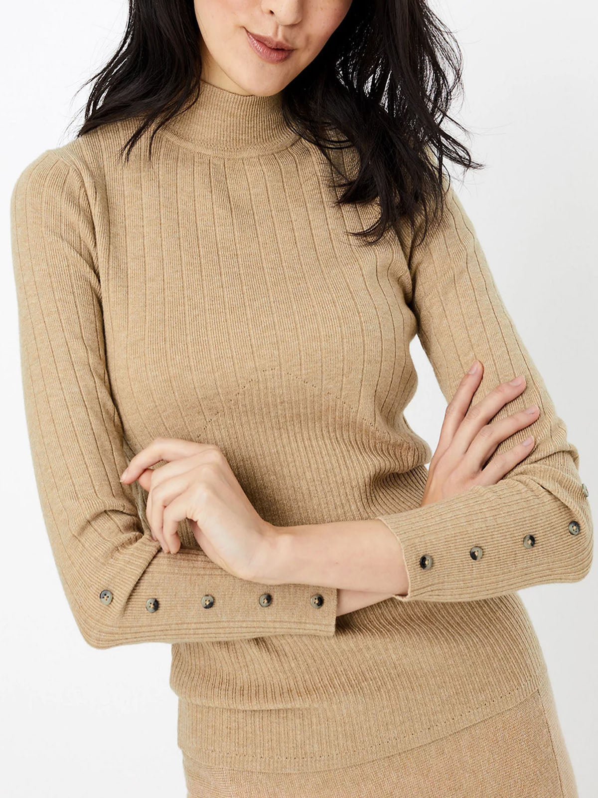 Ladies Carmel High Neck Wide Ribbed Knitted Buttoned Sleeve Jumper
