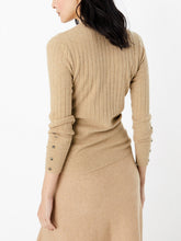 Load image into Gallery viewer, Ladies Carmel High Neck Wide Ribbed Knitted Buttoned Sleeve Jumper
