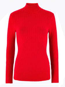 Ladies Red High Neck Wide Ribbed Knitted Buttoned Sleeve Jumper