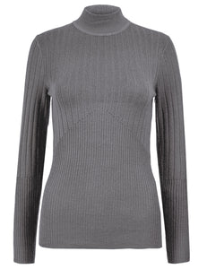 Ladies Grey High Neck Wide Ribbed Knitted Buttoned Sleeve Jumper