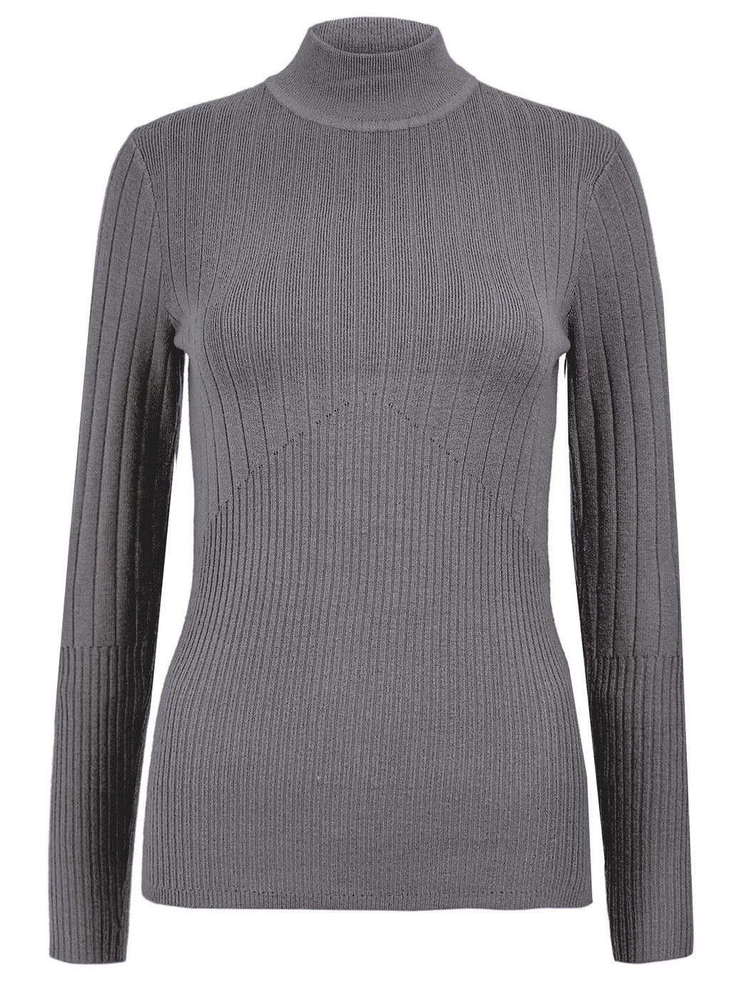 Ladies Grey High Neck Wide Ribbed Knitted Buttoned Sleeve Jumper