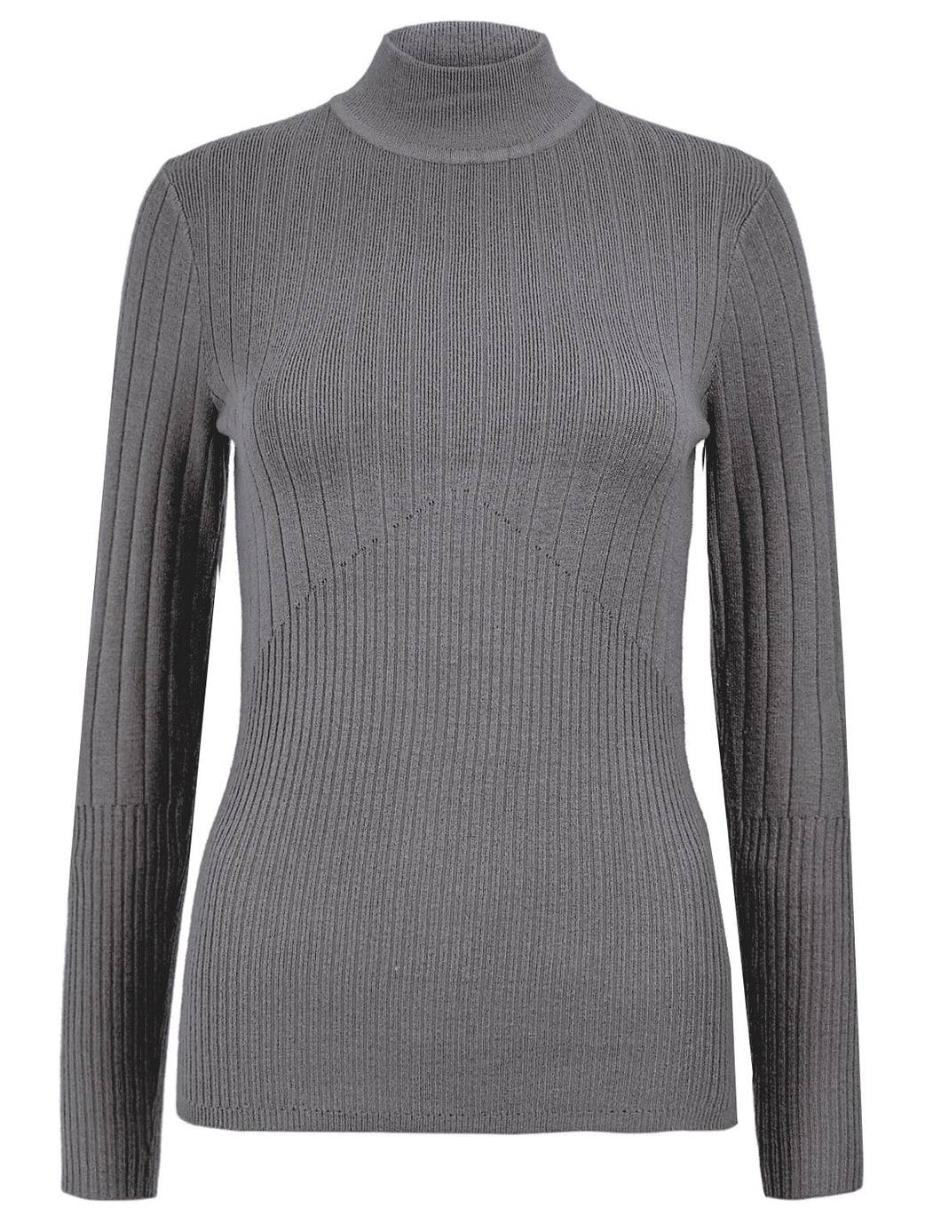 Ladies Grey High Neck Wide Ribbed Knitted Buttoned Sleeve Jumper