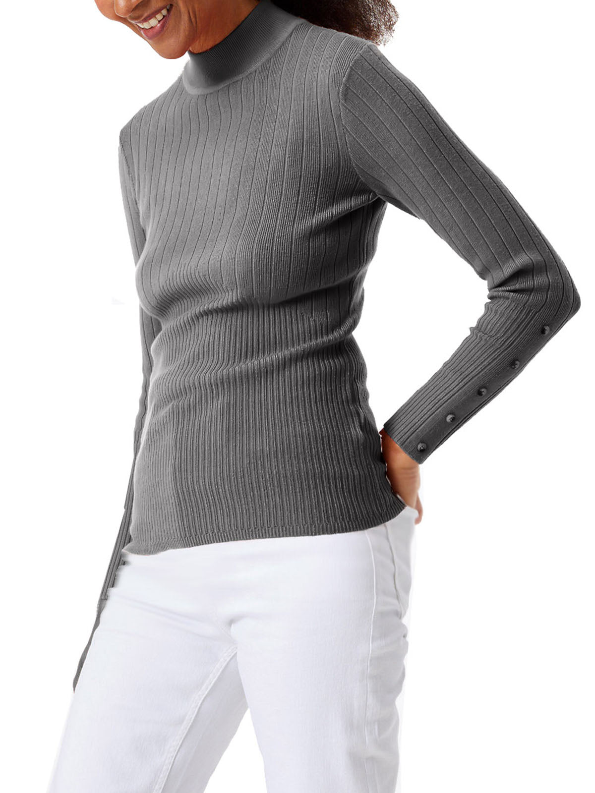 Ladies Grey High Neck Wide Ribbed Knitted Buttoned Sleeve Jumper