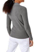 Load image into Gallery viewer, Ladies Grey High Neck Wide Ribbed Knitted Buttoned Sleeve Jumper
