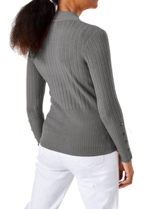 Ladies Grey High Neck Wide Ribbed Knitted Buttoned Sleeve Jumper