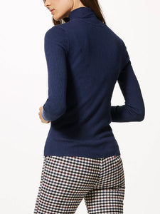 Ladies Navy Ribbed Roll Neck Jumper