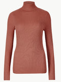 Ladies Terracotta Ribbed Roll Neck Jumper