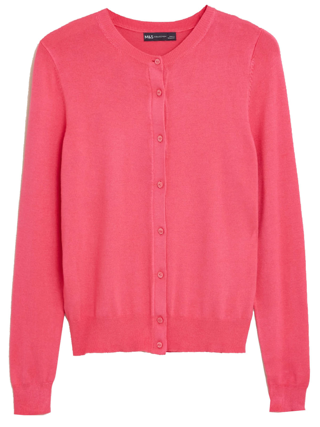 Ladies Hot Pink Soft Knit Crew Neck Button Down Cardigan