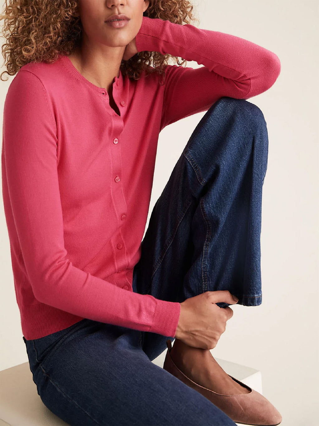Ladies Hot Pink Soft Knit Crew Neck Button Down Cardigan
