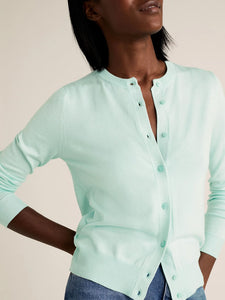 Ladies Light Jade Soft Knit Crew Neck Button Down Cardigan