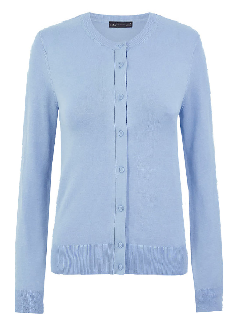 Ladies Blue Soft Knit Crew Neck Button Down Cardigan