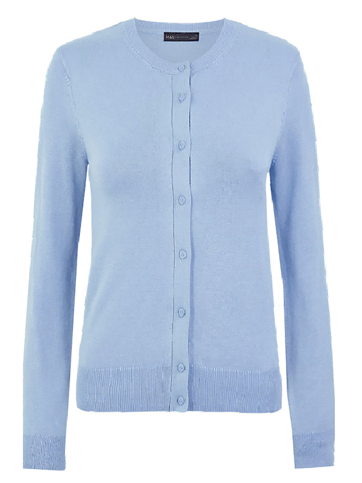 Ladies Blue Soft Knit Crew Neck Button Down Cardigan