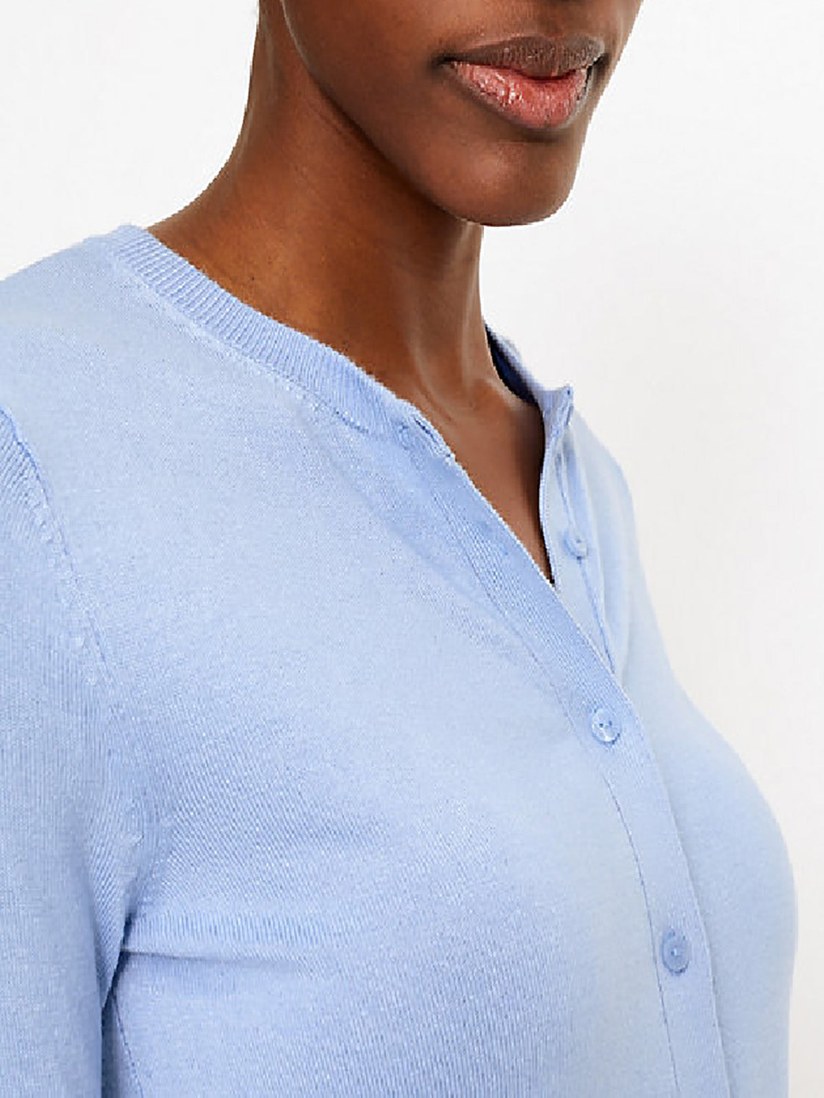 Ladies Blue Soft Knit Crew Neck Button Down Cardigan