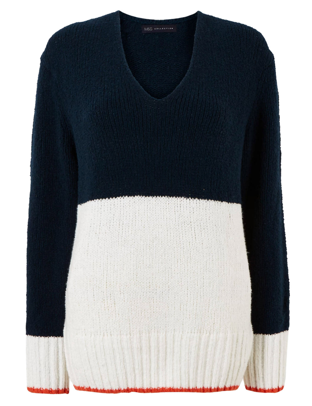 Ladies Navy & Ivory Cotton Rich Color Block V-Neck Jumpers
