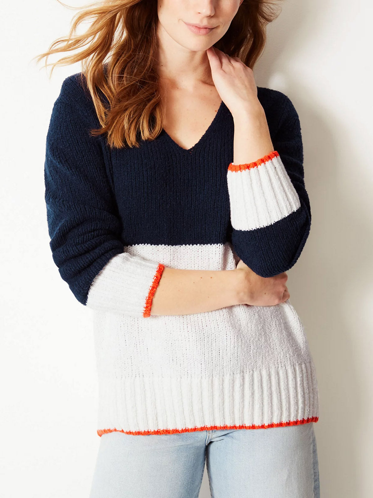 Ladies Navy & Ivory Cotton Rich Color Block V-Neck Jumpers