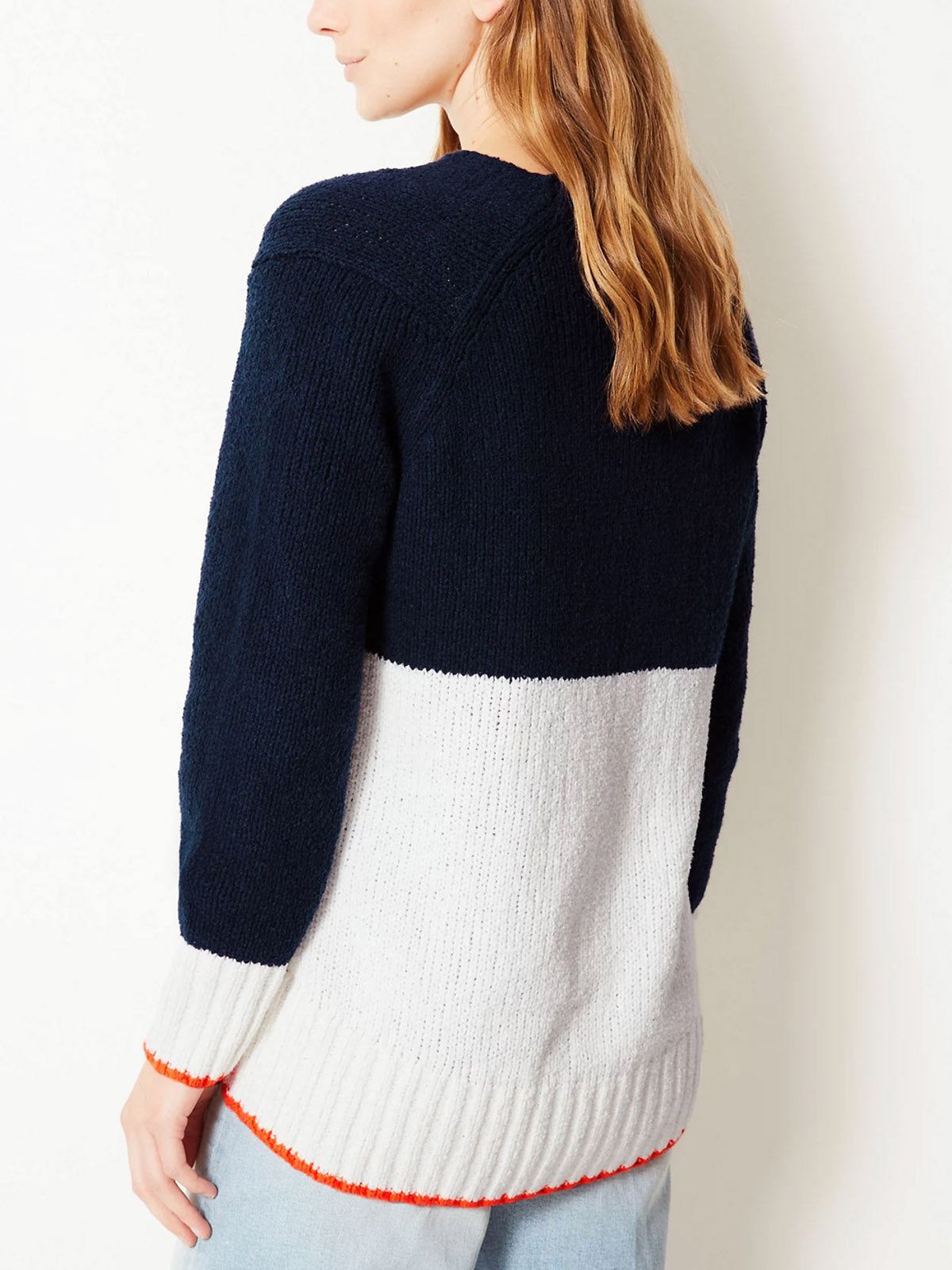 Ladies Navy & Ivory Cotton Rich Color Block V-Neck Jumpers