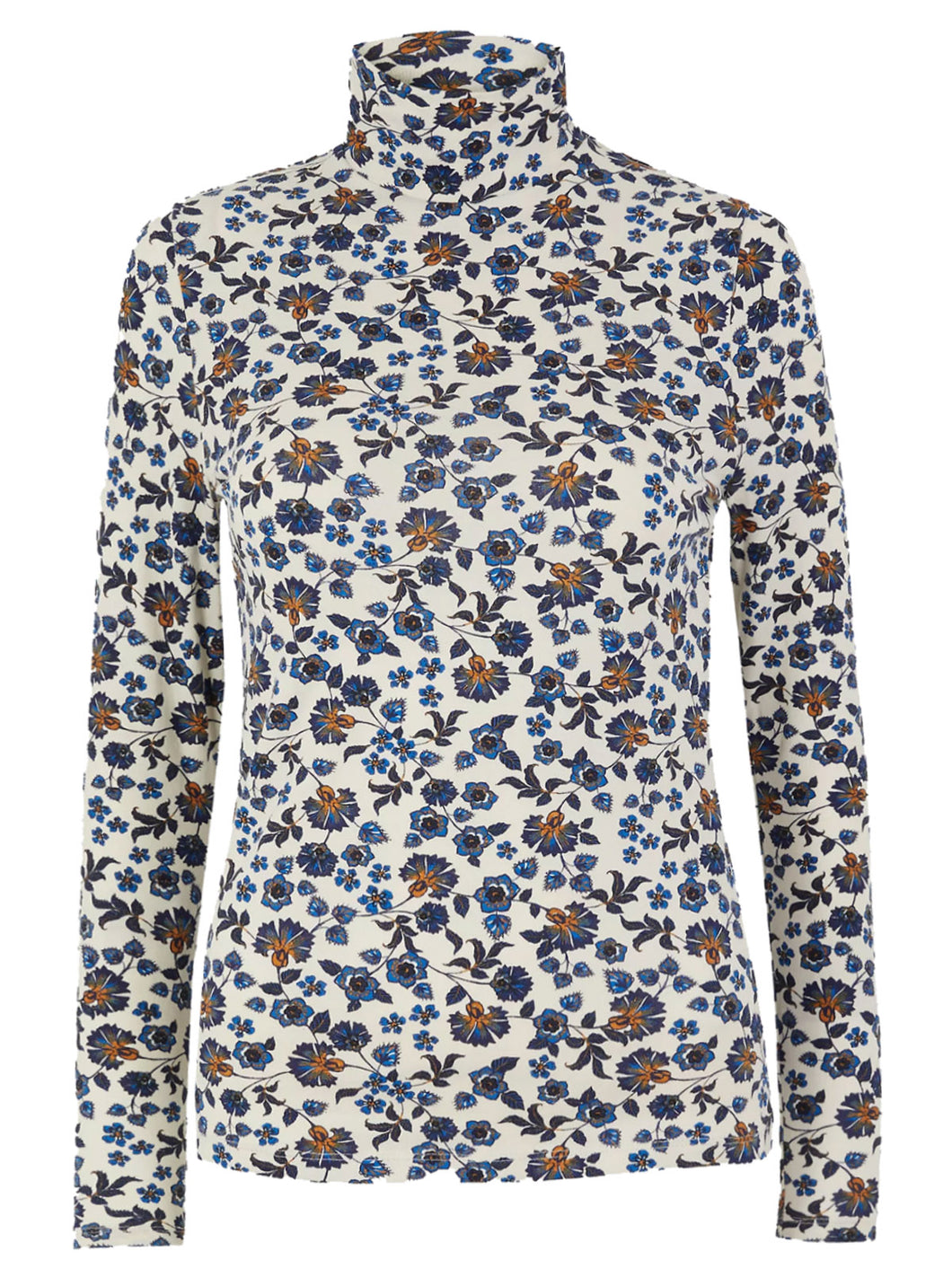 Ladies Cream Multi Floral Cotton Rich Long Sleeve Polo Neck Tops
