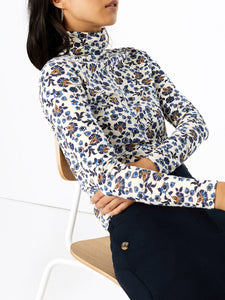 Ladies Cream Multi Floral Cotton Rich Long Sleeve Polo Neck Tops