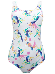 Ladies White Multi Toucan Print Scoop Neck Swimsuit