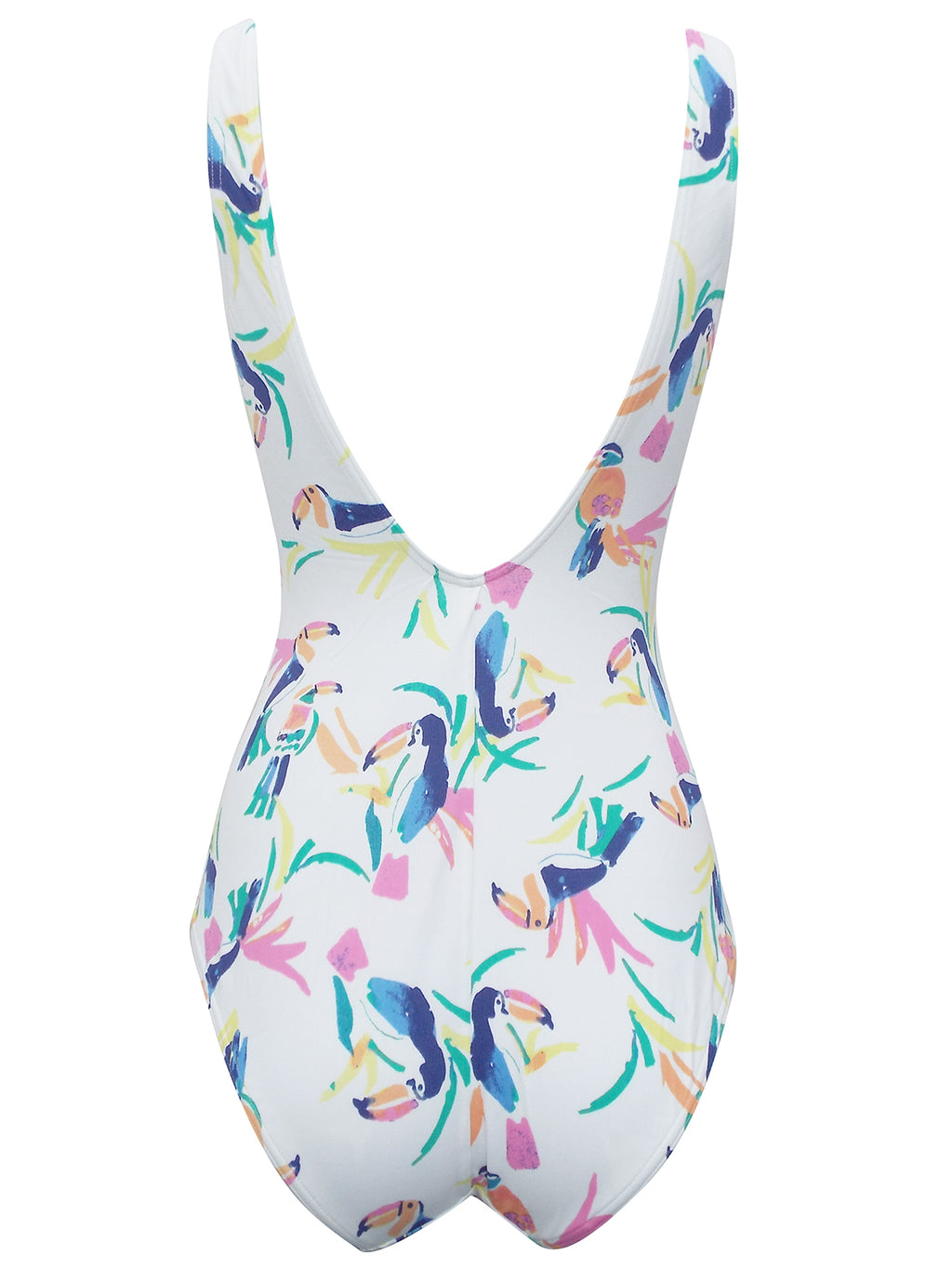 Ladies White Multi Toucan Print Scoop Neck Swimsuit